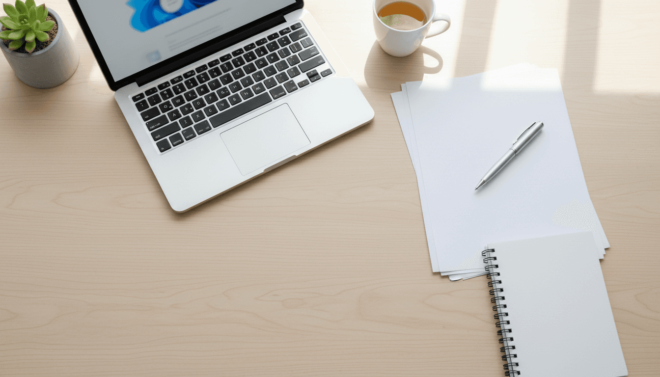 Documents and a laptop arranged on a clean desk
