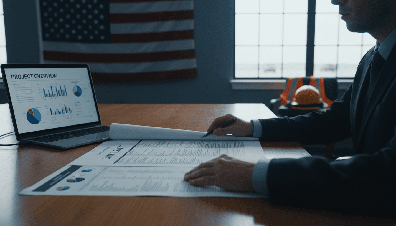 Government procurement specialist reviewing a contract document at a desk