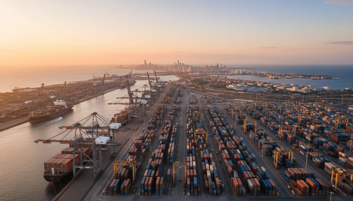 Aerial view of a shipping port with containers and cranes