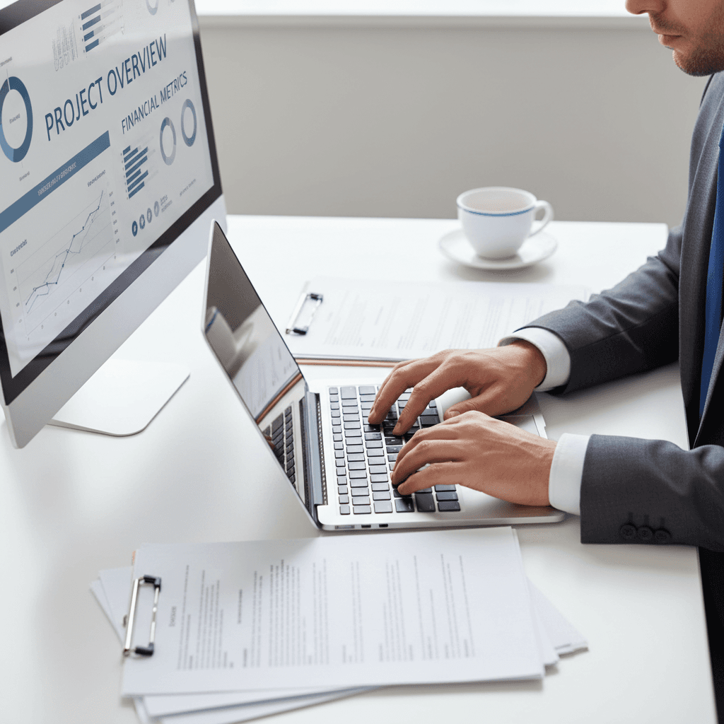Veteran procurement specialist reviewing contract documents at a clean desk in an office