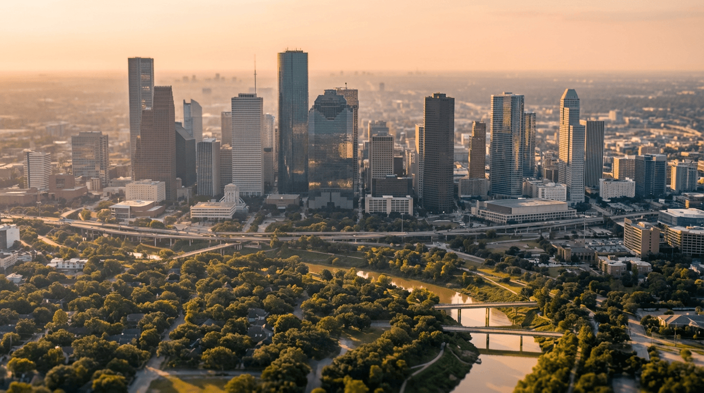 San Antonio skyline at dusk from above